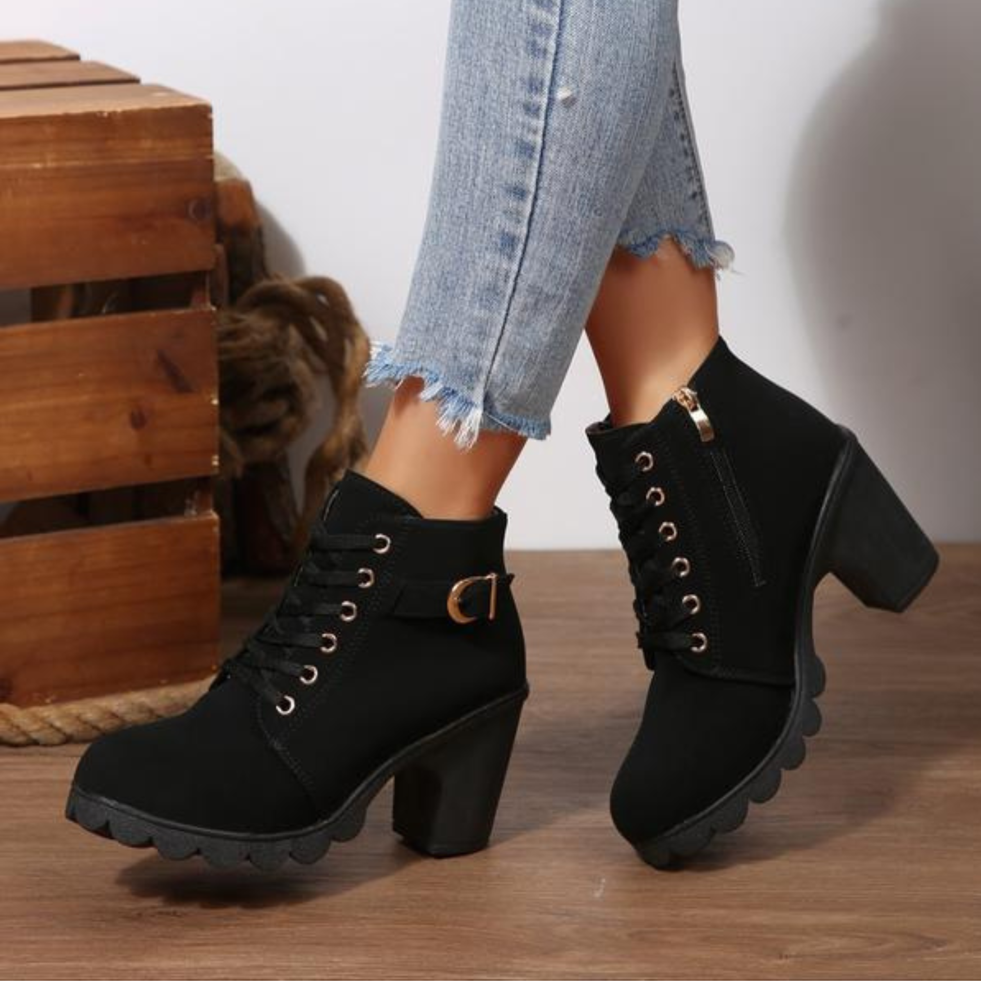 Charlotte - Chic Lace-Up Metal Buckle Chunky Ankle Boots